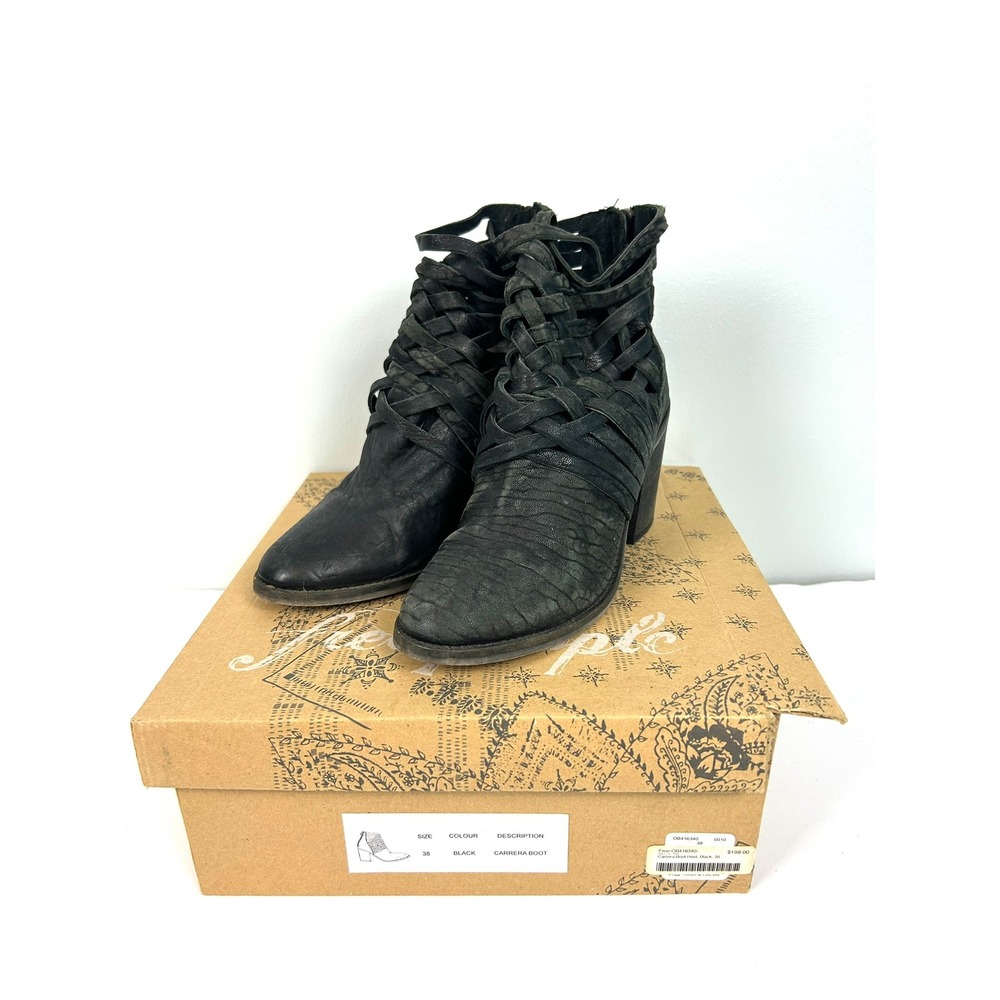 Free People Carrera Black Leather Woven‎ Strappy Heel Ankle Booties Sz 38 US 7.5